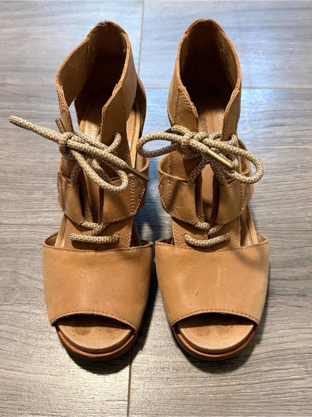 SOREL Joanie Leather Lace Up Wedge Cage Sandals